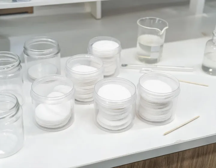 choosing toner pad formulas on a cosmetics bench, illustration only